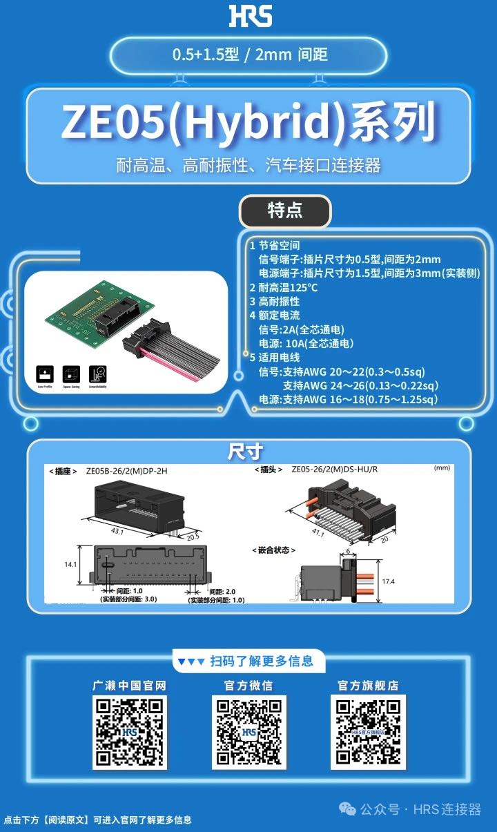 【產品推薦】耐高溫、高耐振性、汽車接口、電源信號混合型連接器ZE05系列