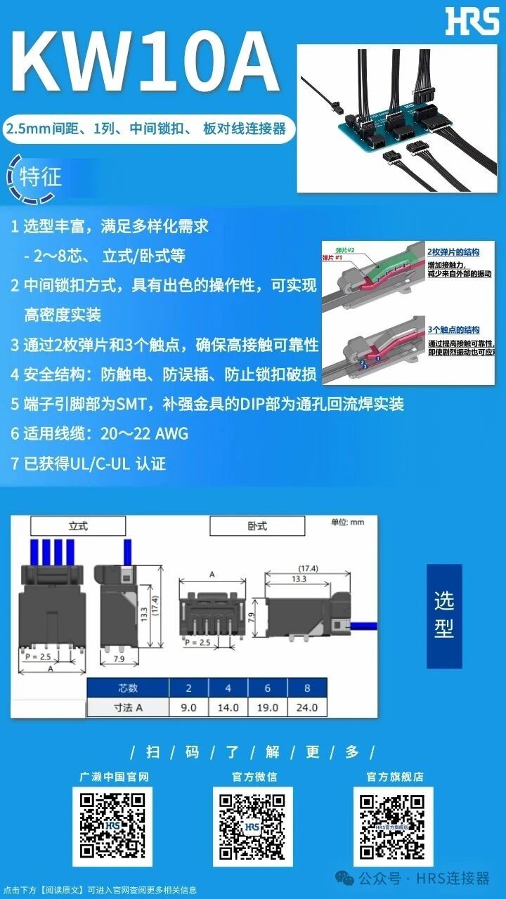 【產品推薦】2.5mm間距、1列、中間鎖扣、板對線連接器KW10A系列